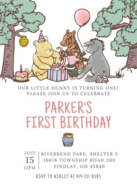 Winnie The Pooh Birthday Party, Pooh Birthday Party, Pooh Invitation, Baby Logo Design, Pooh Birthday, Baby Birthday Themes, Winnie The Pooh Birthday, Baby Logo, Birthday Planning