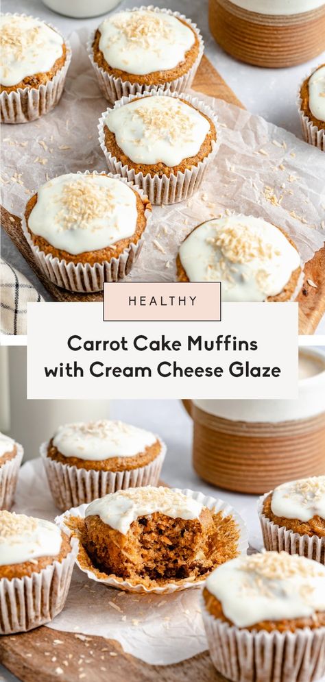 Healthy carrot cake muffins packed with carrots, coconut, raisins and nuts. These deliciously moist carrot cake muffins are naturally sweetened with pure maple syrup and applesauce. Top them with a light cream cheese glaze for a delicious snack or healthy treat! #muffins #carrotcake #easter #healthysnack #healthybreakfast Best Healthy Carrot Cake, Vegan Carrot Cake Muffins, Baking With Applesauce, Healthy Carrot Cake Muffins, Muffins With Cream Cheese, Whole Wheat Pastry Flour, Healthy Carrot Cake, Moist Carrot Cake, Dairy Free Cream Cheese