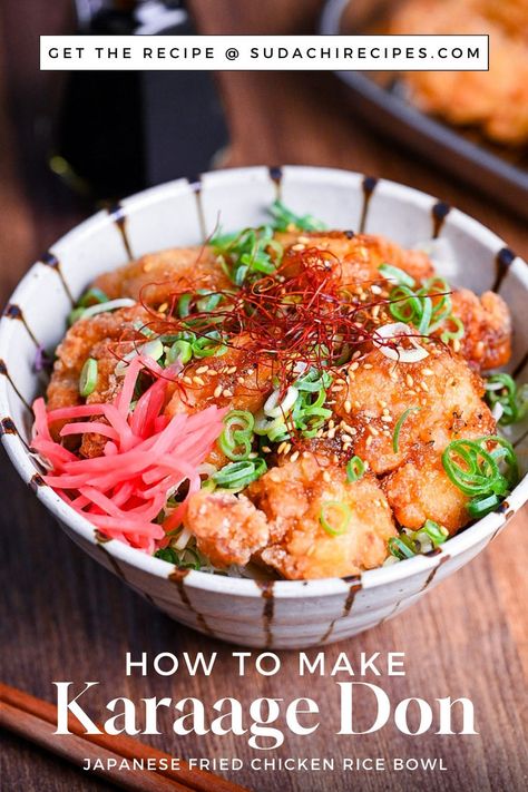 Japanese fried chicken rice bowl topped with green onions, pickled ginger and chili threads in a striped bowl Karaage Chicken Rice Bowl, Karaage Don, Sudachi Recipes, Fried Chicken Rice, Donburi Recipe, Karaage Chicken, Healthy Japanese Recipes, Chicken Karaage, Chicken Rice Bowl