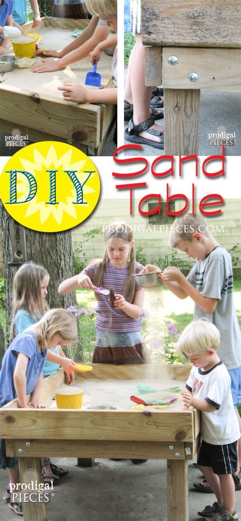 DIY Sensory Fun Sand Table by Prodigal Pieces www.prodigalpieces.com #prodigalpieces Discovery Table, Diy Sensory, Backyard Diy, Sand Table, Outdoor Classroom, Diy Furniture Projects, Backyard Fun, Sandbox, Fun Diy