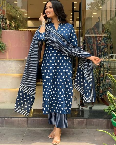 🌹💥 NEW DESIGN LONCH🌹 💥💗🤍 This straight kurti with angrakha style and pant & duppta set is perfect for the summer season with its vibrant polka-dot print and confident . Plus, the included matching dupatta completes the look and adds an extra touch of style. 😍Color: Blue 😍 Work-less and sequence hand work on yoke Beautiful side button 😍 Inclusive: Top Bottom & Dupatta 👌👌👌 🥰 KURTI LENGTH - 46-INCHES 🥰 PANT LENGTH - 39 INCHES 💐 Fabric - COTTON 60*60 ❤️PRICE -1099+shipping/-❤️ 🌹 SIZES-... Polka Dot Kurti Design, Fashion Indian Outfits, Angrakha Style, Straight Kurti, Kurtis With Pants, Hand Work, Polka Dot Print, Kurti Designs, Summer Season