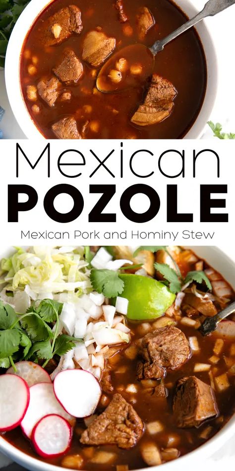 Mexican Pork Soup, Red Posole Recipe, Pozole Recipe Pork, Red Posole, Hominy Stew, Brothy Soup, Pozole Rojo Recipe, Mexican Pozole, Hominy Soup