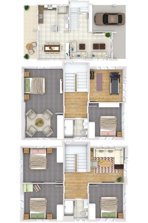 A 3D floor plan of a three story five bedroom house plan with a garage on the ground floor. Five Bedroom House, Three Story House, 3d Floor Plan, 3d Floor, Primary Bedroom, Bedroom House, House Floor, Bedroom House Plans, Story House