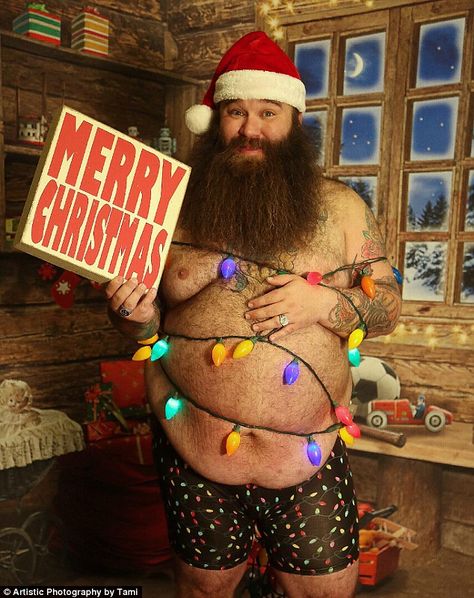 Heating things up: Joshua Varozza of El Dorado Hills, California, has released his latest set of 'dudeoir' images in time for Christmas Christmas Dudeoir, Funny Calendars, Burly Men, Themed Photoshoot, Christmas Poses, Bouidor Photography, Christmas Shoot, Christmas Photoshoot, Big Guy