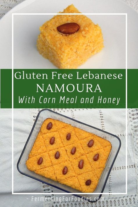 Gluten Free Namoura - Lebanese Honey Cake - Fermenting for Foodies Namoura Lebanese, Gluten Free Breadmaker Recipe, Flavoured Honey, Gluten Free Bread Machine, Lebanese Desserts, Gf Food, Semolina Cake, Corn Meal, Honey Sauce