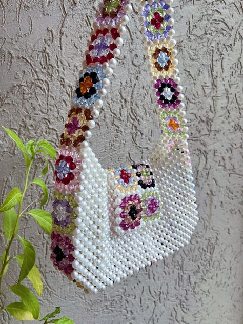 Granny Square Bead Bag, Granny Square, Crystal Beaded Bag, Pearl Bead Bag, Bead Shoulder Bag, Bead Bag Vintage, Handmade Bag, Granny Square Hand Beaded Bag, Knitting Patterns Free Blanket, Diy Crochet Bag, Bead Bag, Square Crystal, Hand Embroidery Patterns Flowers, Crystal Bags, Bead Charms Diy, Macrame Patterns Tutorials