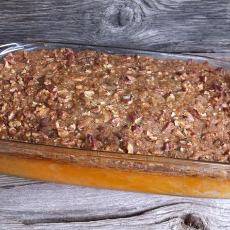 SWEET POTATO CASSEROLE Sweet Potato Delight Recipe, Pecan Sweet Potato Casserole, Potato Delight, Sweet Potato Crunch, Potatoes Casserole, Raw Sweet Potato, Maple Glazed Carrots, Canning Sweet Potatoes, Crunch Recipe