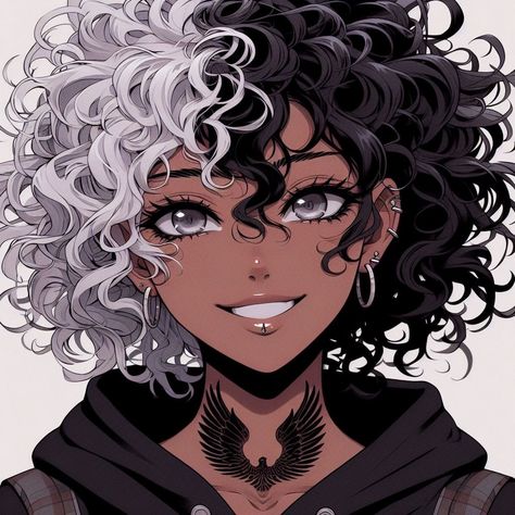 Black Anime Hairstyles Female, Curly Hair Anime Reference, Black Hairstyles Anime, Curly Hair Anime Characters, Black Anime Oc Female, Curly Haired Anime, Hair Up Drawing, Me As A Character, Curly Anime Hair