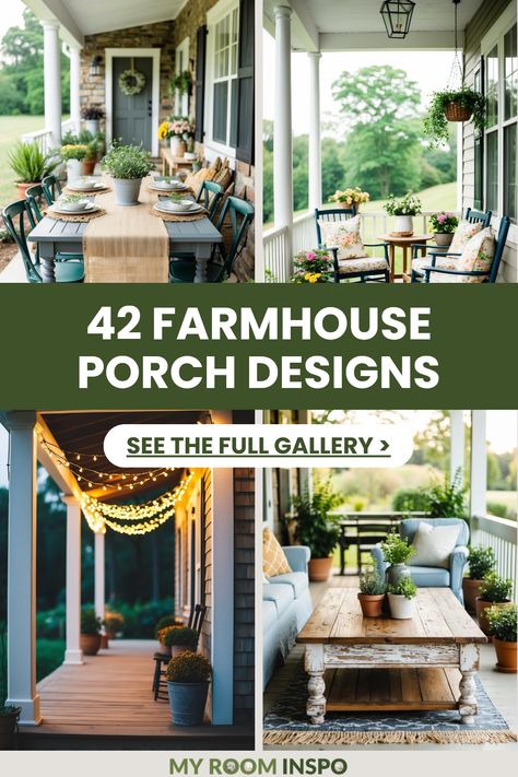 A collection of 4 stunning hay bales, floral arrangements, string lights, and rustic furniture ideas to inspire your farmhouse porch design. Farmhouse 3 Season Porch Ideas, Adding On A Porch To House, Decorating A Large Front Porch, Farmer Porch Ideas, Long Porch Decorating Ideas Farmhouse, Wraparound Porch Decor, Back Porch Designs Layout, Farmhouse Back Patio Ideas, Back Porch Decorating Farmhouse