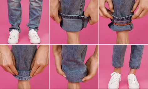 Clothing hack reveals how you can turn up your jeans in minutes using just a hair tie Easy Clothing, Rolled Jeans, Diy Clothes Hacks, Rolled Up Jeans, Diy Clothes And Shoes, Diy Fashion Hacks, How To Fold, Tie Styles, Men Style Tips