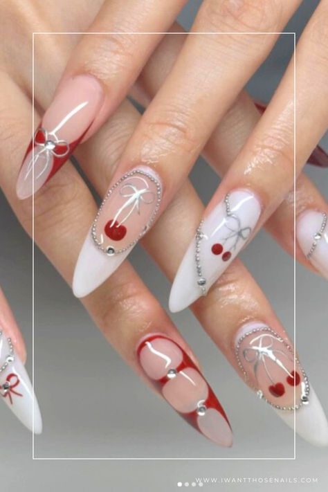 coquette nails cherry Coquette Nail Designs, Nails With Cherry, Coquette Nail, Cream Nail Art, Coquette Cherry, Stiletto Shaped Nails, Coquette Nails, Long Almond, Fake Nails Designs