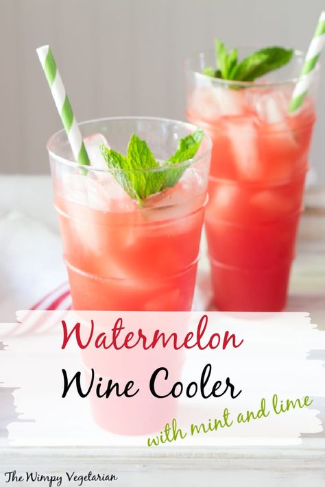 Watermelon wine cooler poured over ice in 2 glasses with sprigs of mint and straws. Watermelon Wine, Mint Syrup, Riesling Wine, Sweet Red Wines, Wine Coolers Drinks, Summertime Recipes, Strawberry Wine, Beverage Recipes, Best Cocktail Recipes