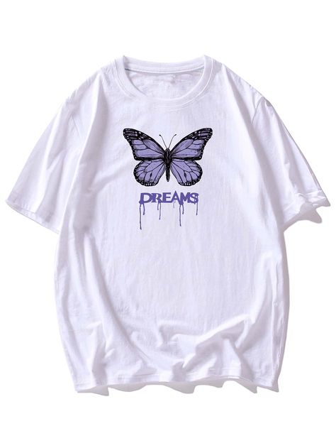 White Casual  Short Sleeve Polyester Letter,Butterfly  Embellished Slight Stretch Summer Men Tops Butterfly Animal, Pattern Butterfly, Outfit Png, Purple Butterfly, Men Tops, White Casual, Mens Graphic Tee, Animal Design, Men's Style