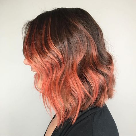 Coral Balayage Hair, Peach And Brown Hair, Peach Balayage Brunette, Coral Balayage, Coral Highlights, Summer Hair Dye, Salmon Hair, Brunette Roots, Coral Hair