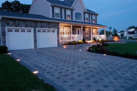 We need this -- our driveway curves & it's dark and my husband has knocked the side mirror off his car hitting a tree!  Lighten Up Your Driveway  Low-voltage paver lights feature tough resin lenses that withstand traffic. The lights are set flush with the surrounding pavers. A 14-light kit featuring 4-by-8-inch pavers, a transformer, cable, and connectors costs $200 to $300. It’s perfect for DIY jobs, such as decorative driveway borders. Lights For Driveway, Runway Lights, Solar Driveway Lights, Driveway Border, Driveway Lights, Paver Lights, Driveway Lighting, Paver Walkway, Driveway Ideas