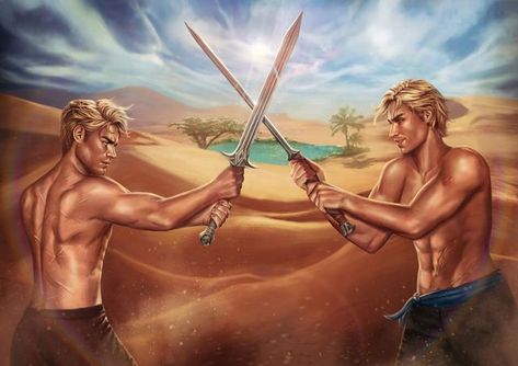 Lynette Noni on Instagram: "Feast your eyes on this gorgeousness!!! @dominiquewesson has totally knocked it out of the park with this STUNNING artwork of Jaren and Caldon sparring in the desert (from #TheBloodTraitor) - truly, how AMAZING is this!!! I love how serious Jaren is with his “IMMA KILL YOU” expression, then Cal’s all smirky like “Lol, try it, cuz” 😂… and how can we not appreciate those muscles on both of them?!? 🔥😍 This piece will be available as an art print during the December op The Prison Healer Fanart, The Prison Healer, Lynette Noni, Even When It Hurts, Books Aesthetic, Book Aesthetics, Books For Boys, High Fantasy, Fan Book