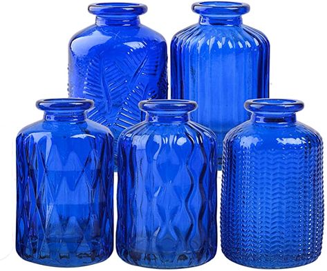 Amazon.com: ELEGANTTIME Cobalt Blue Glass Bud Vase Small Flower Vase Mini Bottle with Crock Wire Handle Design Perfect for Deco Cafes, Office Table, Home and Garden(Set 5) : Home & Kitchen Small Flower Vase, Nordic Vase, Glass Vases Centerpieces, Cobalt Blue Vase, Small Glass Vases, Flower Bottle, Glass Bud Vase, Blue Glass Vase, Mini Bottle