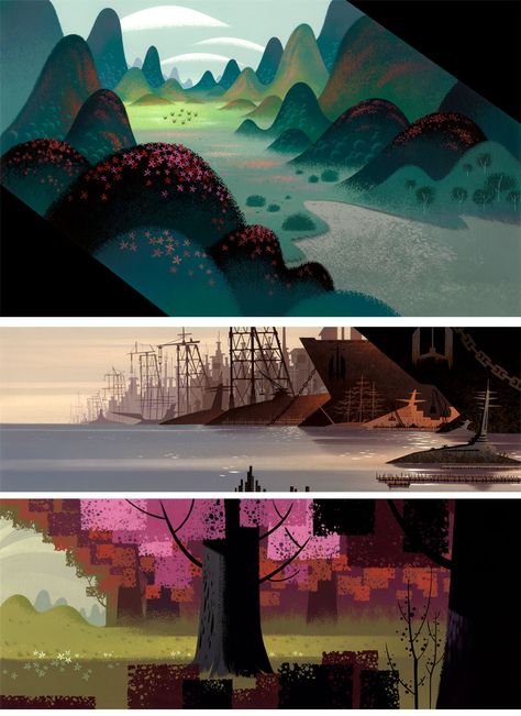 background Scott Wills Backgrounds, Simple Animation Background, Samurai Jack Concept Art, Samurai Jack Background, Scott Wills, Scenery Art, Bg Design, Color Composition, Samurai Jack