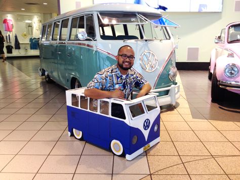 My 2014 Halloween work costume, a 21 window VW Van made from cardboard boxes. Step your cardboard car game up! #dgdg #vwvan #costume Diy Cardboard Car Costume, Cardboard Vw Van, Cardboard Car Costume, Diy Cardboard Car, Kindy 500, Car Costume, Cardboard Box Car, Halloween Costumes For Work, Box Cars