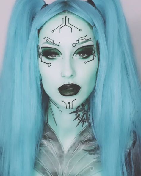 Gothic makeup stickers! (@magic_markings) added a video to their Instagram account: “Enter the cyborg 👽Combine tech and creativity to your look with our out of this world Cyborg…” Tech Makeup, Robot Makeup Look, Futuristic Makeup Sci Fi, Futuristic Makeup Looks, Cybergoth Makeup, Alien Makeup Looks, Cosmic Makeup, Sci Fi Makeup, Robot Makeup