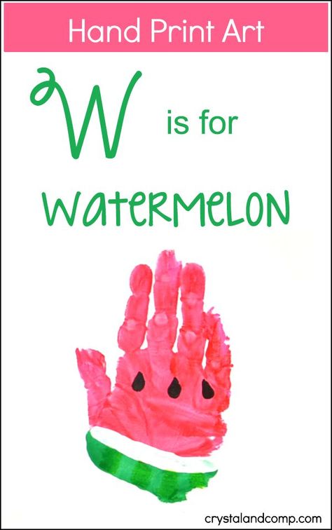 Wow, time flies! Only 3 more hand print art alphabet craft posts to go after today. Today we are sharing W is for Watermelon. I love how bright and Summer-y it looks! I'm so relieved that it turned... W Is For Watermelon, Letter W Crafts, Kids Crafts Summertime, Hand Print Art, Watermelon Crafts, Abc Crafts, Summer Art Projects, Watermelon Art, Camp Crafts