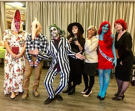 Beetlejuice costume for Halloween. Left to right: Barbara Maitland, Adam Maitland, Beetlejuice, Lydia Deetz, Juno, Miss Argentina, Delia Deetz Beetlejuice Trio Costume, Beetlejuice Costumes Female, Beetlejuice Cast Costumes, Beetle Juice Group Costume, Beatle Juice Family Costumes, Beetle Juice Family Halloween Costumes, Miss Argentina Beetlejuice Costume, Ms Argentina Beetlejuice Costume, Easy Beetlejuice Costume