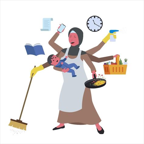 Multitasking Illustration, Islamic Clipart, Work Overload, Multitasking Woman, Happy Housewife, National Days, Thanks For Everything, Hard Work And Dedication, Beyond Words