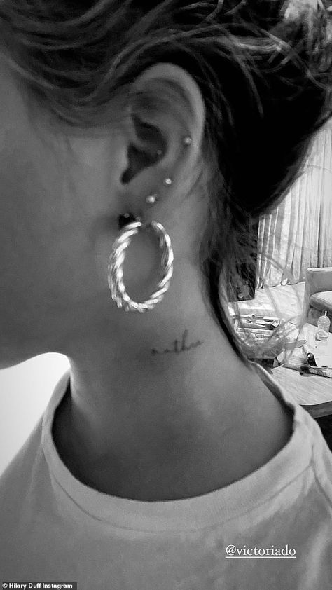 Hilary Duff became a mom of three seven months ago. And on Monday, the 34-year-old actress took to her Instagram Story to show off her parental pride with a new 'Mother' tattoo. The Lizzie Maguire star also revealed that she got her baby daughter Mae's ears pierced. New ink: On Monday, Hilary Duff took to her Instagram Story to show off her parental pride with a new 'Mother' tattoo Hilary shared a black and white Font Tato, Ankh Tattoo, Evil Eye Tattoo, Capricorn Tattoo, Mom Of Three, Tattoo Quotes For Women, Mother Tattoos, Side Tattoos, Back Tattoo Women