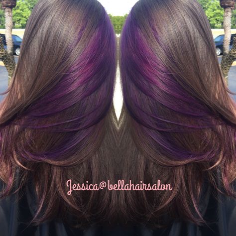 Purple peekaboos                                                                                                                                                                                 More Purple Highlights Brown Hair Peekaboo, Dark Purple Peekaboo Hair, Underlights Hair Brunettes, Brown Hair With Purple Underneath, Peekaboo Hair Color Purple, Purple Streaks In Brown Hair, Purple Highlights In Brown Hair, Purple Peekaboo Highlights, Purple Peekaboo Hair