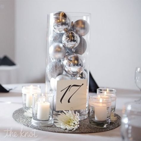 Winter Wedding Table Centerpieces, Winter Wedding Table Numbers, 25th Anniversary Decorations, Winter Table Centerpieces, Anniversary Centerpieces, Christmas Wedding Themes, Winter Wedding Table, Winter Wedding Centerpieces, Silver Centerpiece