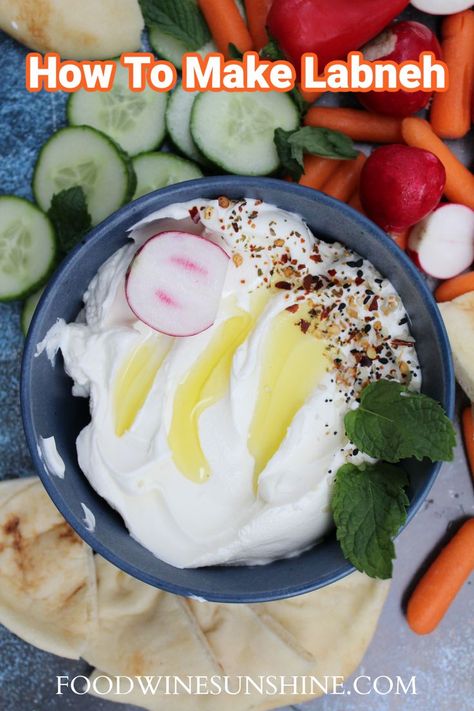 What is Labneh? Homemade Labneh | What exactly is Labneh and how do you make homemade Labneh? Grab the tutorial and easy recipe fr this delicious creamy homemade cheese that is prepped in minutes and only has 2 main ingredients! | Food Wine Sunshine #easyrecipes #labneh #appetizers #dips Labneh Appetizers, Lavosh Recipe, Homemade Labneh, Appetizers Ideas, Recipe Appetizers, Homemade Cheese, Easy Appetizer Recipes, Healthy Appetizers, Delicious Vegetarian