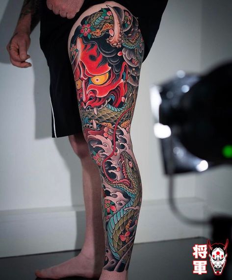 Ed Hardy Sleeve Tattoo, Yakuza Tattoo Leg Sleeve, Leg Sleeve Tattoo Male Japanese, Japanese Leg Sleeve Tattoo Men, Oni Demon Tattoo, Full Leg Tattoo Men, Japanese Leg Sleeve, Japanese Demons, Traditional Japanese Tattoo Sleeve