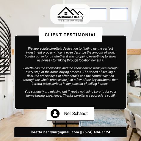 Success Stories Like These Make It All Worth It!   

Neil's testimonial is a great reminder of how important trust and communication are in real estate. 

From start to finish, I'm here to make sure your home-buying experience is seamless. 

Ready to find your next home or investment? 

  Reach out today!

#HomeBuying #RealEstateTips #ClientAppreciation #LorettaHenryRealty #InvestmentProperty Client Appreciation, Home Buying Process, Next Home, Real Estate Tips, Investment Property, Success Stories, Worth It, Home Buying, How To Know