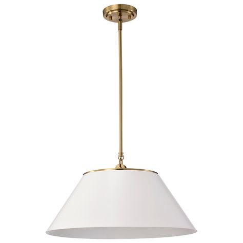 With subtle detailing, the Dover 60-7415 large pendant is graceful yet unassuming. The simple white shade features a white lining to reflect the light, and the trim is finished in vintage brass to match the fixture's body. Entryway Pendant, Three Light Pendant, Brass Rod, Brass Pendant Light, 3 Light Pendant, Light Bulb Types, Statement Pendant, Hanging Pendant Lights, Simple White