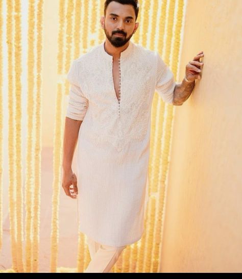 Traditional Kurta For Men, White Kurta Men, White Chikankari Kurta, Men Outfits Aesthetic, November Events, Mirror Work Kurta, Shining Dress, Athiya Shetty, Wedding Kurta For Men