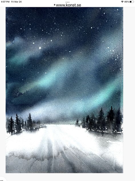 North Lights, Aurora Borealis Painting, Northern Lights Painting, Beautiful Scenery Photography, Landscape Art Prints, Watercolor Beginner, Winter Watercolor, Snowy Landscape, Canvas Painting Landscape