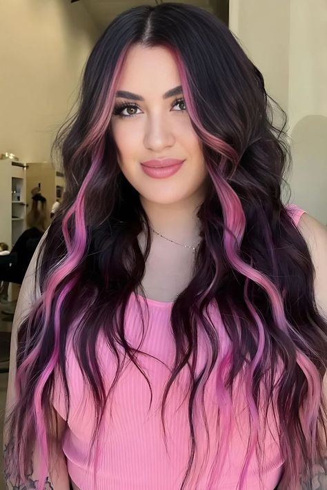 Pink Money Piece On Burgundy Brunette Money Piece Ideas, Brunette Hair With Money Piece, Pink Money Piece, Brown Hair With Pink Highlights, Money Piece Highlights, Purple Black Hair, Brown And Pink Hair, Hair With Money Piece, Pink Hair Streaks