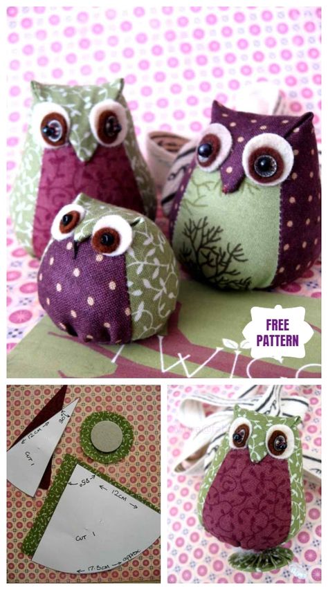 Fabric Owls Pattern, Animal Pin Cushion, Owl Sewing Patterns Free Printables, Stuffed Toys Patterns Free, Things To Make With Fabric, Sew Animals, Fabric Owls, Owl Doorstop, Owl Sewing Patterns