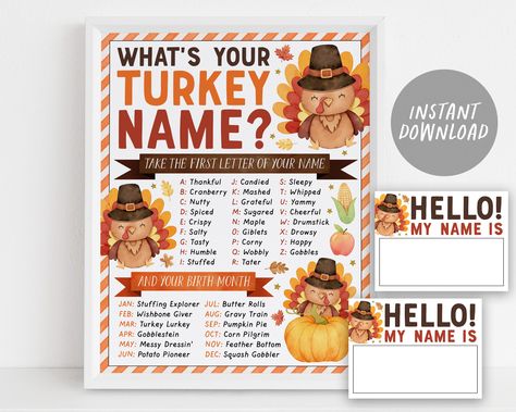 What's Your Turkey Name Game, Thanksgiving Dinner Game Activity With Name Tags And Sign, Family Fall Autumn Party Games, Holiday Kids Adult What's Your Turkey Name, Whats Your Turkey Name, Turkey Name Game, Thanksgiving Name Tags, Dinner Games, Name Game, Friendsgiving Party, Holiday Kids, Autumn Party