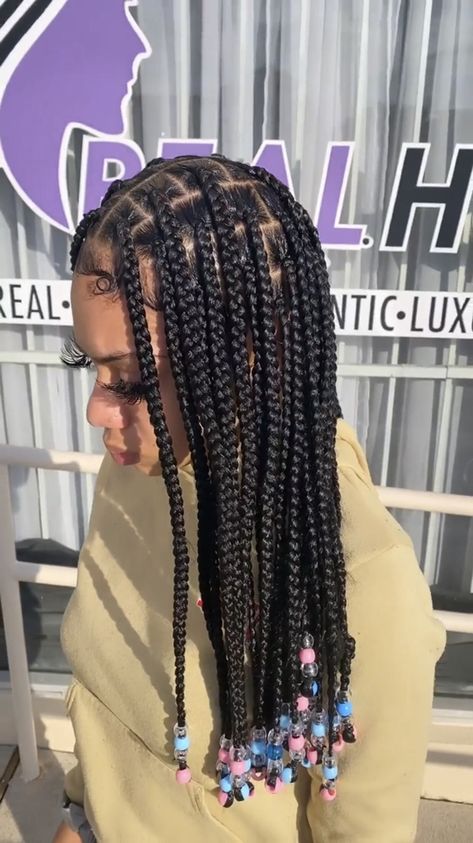 Cute Braids For Black Women With Beads, Beads In Hair Braids Black Women, Medium Length Box Braids With Beads, Black Girls Hairstyles Braids With Beads, Braids For Black Women With Beads, Medium Length Braids With Beads, Medium Box Braids With Beads, Box Braid With Beads, Medium Braids With Beads