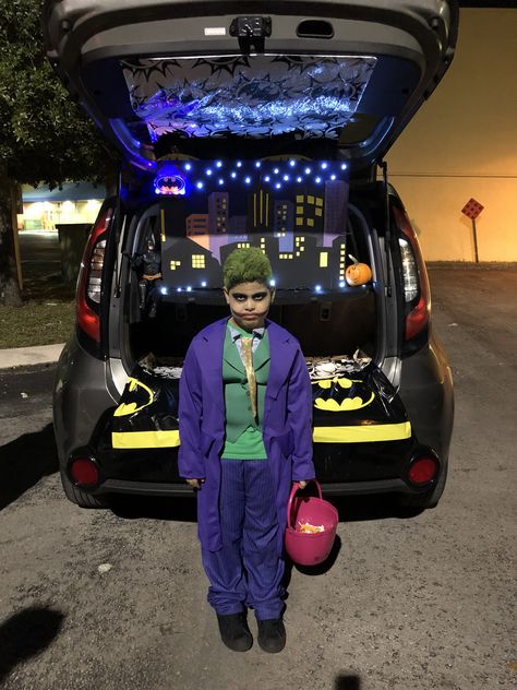 Gotham City Trunk or treat Gotham City Trunk Or Treat Ideas, Trunk Or Treat Batman Ideas, Arkham Asylum Trunk Or Treat, Gotham City Trunk Or Treat, Joker Trunk Or Treat Ideas, Trunk Or Treat Batman, Batman Trunk Or Treat Ideas For Cars, Batman Trunk Or Treat, Clown Theme