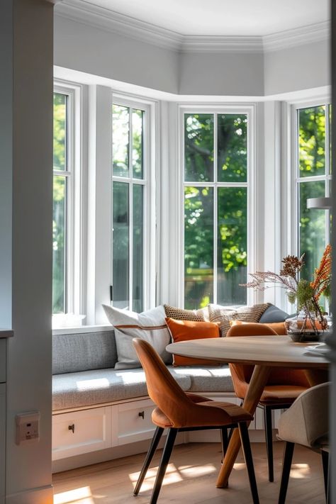 Cozy Kitchen Bay Window Seating Ideas to Love Window Nook Kitchen, Bay Window Eating Nook, Square Bay Window Seat, Kitchen Bay Window Seating, Bay Window In Kitchen, Bay Window Seating Ideas, Bay Window Banquette, Window Seating Ideas, Breakfast Nook In Kitchen