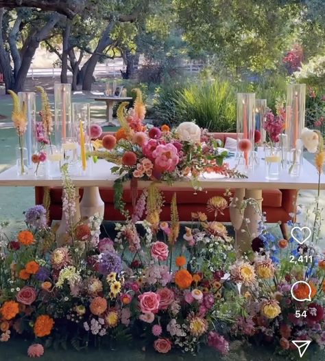 Colorful Sweetheart Table, Colourful Wedding Table, Sweetheart Table Flowers, Wildflower Wedding Theme, Summer Wedding Reception, Sweetheart Table Decor, Forest Theme Wedding, Sweetheart Table Wedding, Fun Wedding Ideas