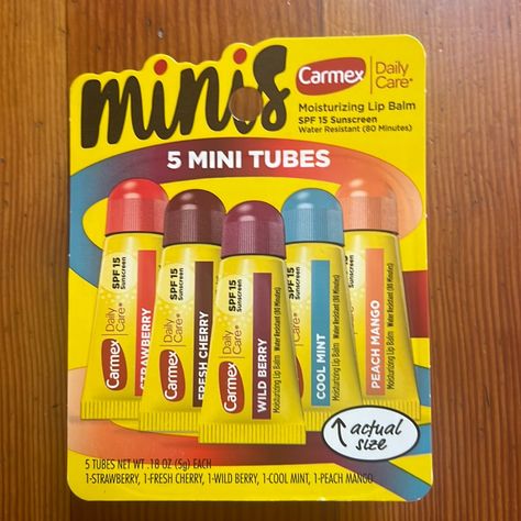 Brand New Carmex Mini Chapsticks Lip Balms For The Car Travel On The Go Purse And More All Included Brand New In The Package Cherry Strawberry Cool Mint Peach Mango And Wild Berry Flavors Mary Kay Satin Lips, Cherry Strawberry, Peach Mango, Moisturizing Lip Balm, Jeffree Star Cosmetics, Tony Moly, Lip Kit, Wild Berry, Lip Balms