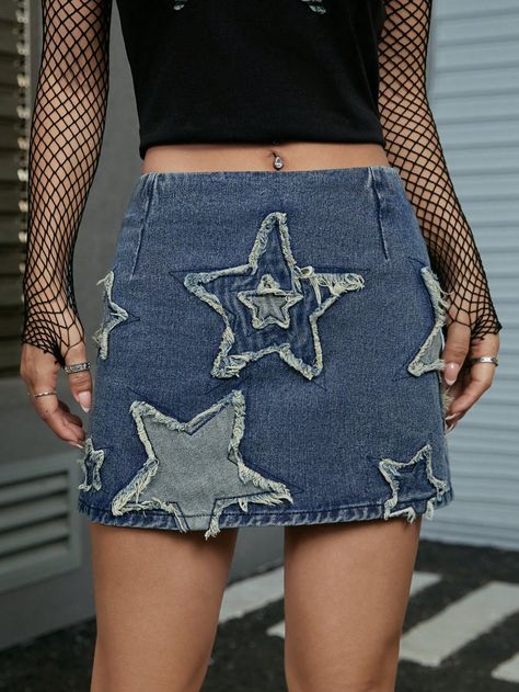 Dark Wash  Collar  Denim Geometric Straight Embellished Non-Stretch  Women Clothing Denim Aesthetic, Stage Clothes, Reworked Denim, Print Denim, Cute Pants, 2000s Fashion Outfits, Denim Diy, Ropa Diy, Couture Details