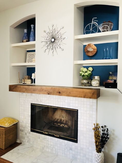 Scandinavian Fireplace Nordic Design, White Tiled Fireplace, Fireplace With Wood Mantle, Scandinavian Fireplace, Fireplace Bookcase, Tiled Fireplace, Tall Fireplace, Fireplace Seating, Fireplace Bookshelves