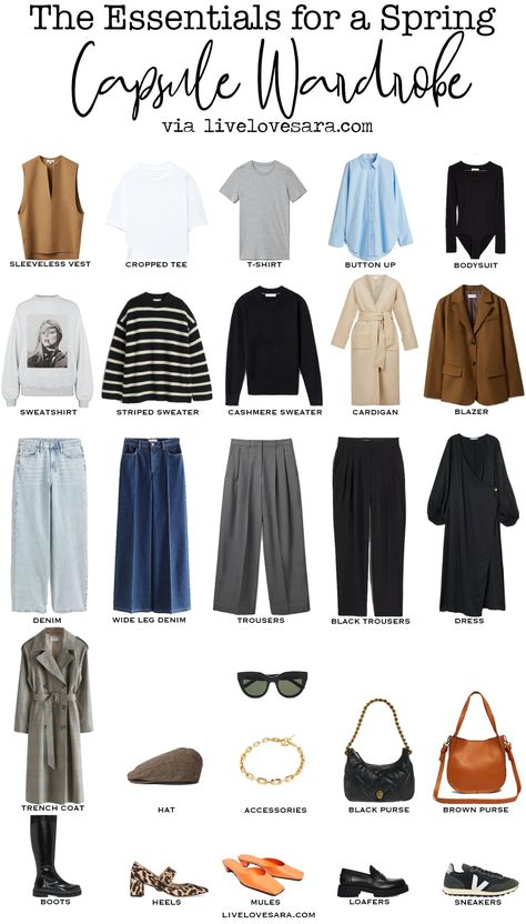 Spring Capsule Wardrobe 2022 Essentials - livelovesara Spring Outfit Essentials, Travel Spring Outfits, Spring Essentials Wardrobe, Spring Capsule Wardrobe 2022, Spring Outfits Capsule, Summer Capsule Wardrobe 2022, Travel Capsule Wardrobe Spring, Spring Travel Outfits, Clothes Essentials