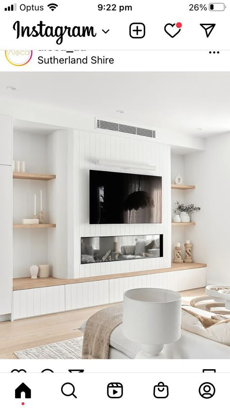 Tv Cabinet Built In Modern, Fireplace Unit With Tv, Hampton Fireplace Tv Wall, Vj Panelling Fireplace Wall, Beach House Fireplace Ideas Modern, Vj Fireplace, Simple Living Room Built Ins, Hampton Tv Wall, Ikea Built In With Tv