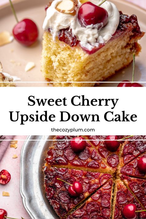 This cherry upside-down cake nestles fresh sweet cherries into a sticky brown sugar caramel with a lightly textured almond cake batter baked into it. This delicious summer cake packs in flavor, texture, and has a beautiful fruit layer on top after being flipped.  This fresh cherry recipe is perfect to eat as is or with a spoonful of vanilla ice cream or fresh whipped cream. Cherry Upside Down Cake, Cherry Recipe, Fresh Cherry Recipes, Brown Sugar Caramel, Cherry Cake Recipe, Valentines Food Dinner, Dinner Desserts, Summer Cake, Fresh Cherry