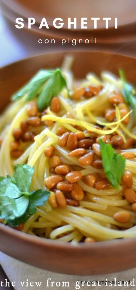 Spaghetti con Pignoli Arrosti (with Roasted Pine Nuts) #pasta #Italian #recipe #easy #meatless #vegetarian #dinner #healthy #pinenuts #mediterranean #30minute via @https://www.pinterest.com/slmoran21/ Pine Nuts Pasta, Pine Nut Recipes, Island Recipes, Sides Dishes, Quick Vegetarian Meals, Italian Recipe, Lemon Pasta, Nut Recipes, Healthier Choices